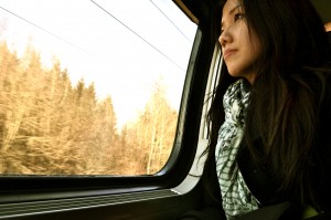 looking out window on train